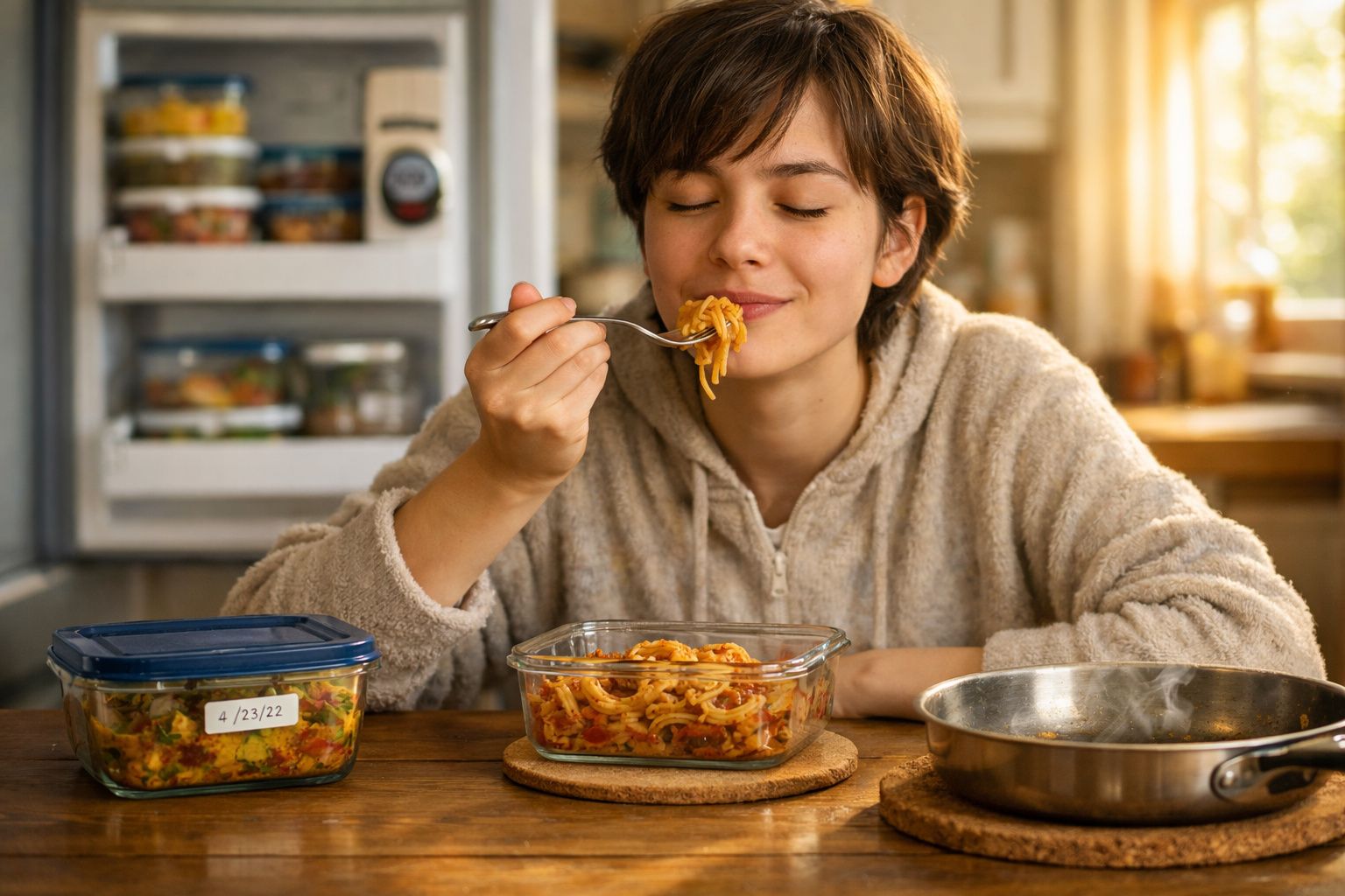Jovem com roupa confortável saboreia massa quente à mesa numa cozinha iluminada pela manhã.