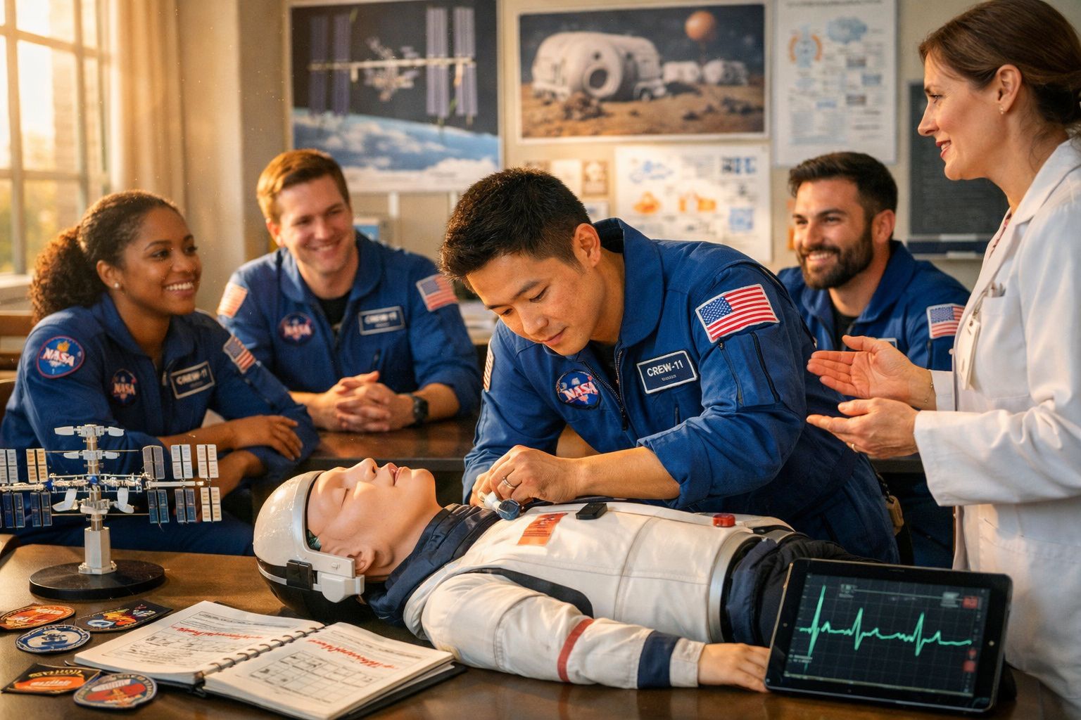 Equipa da NASA a treinar suporte médico em manequim de astronauta, com médico a observar e monitor cardíaco ligado.