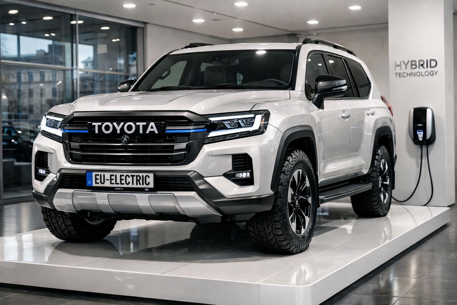 SUV Toyota branco a carregar energia elétrica numa estação de carregamento no interior de uma garagem.