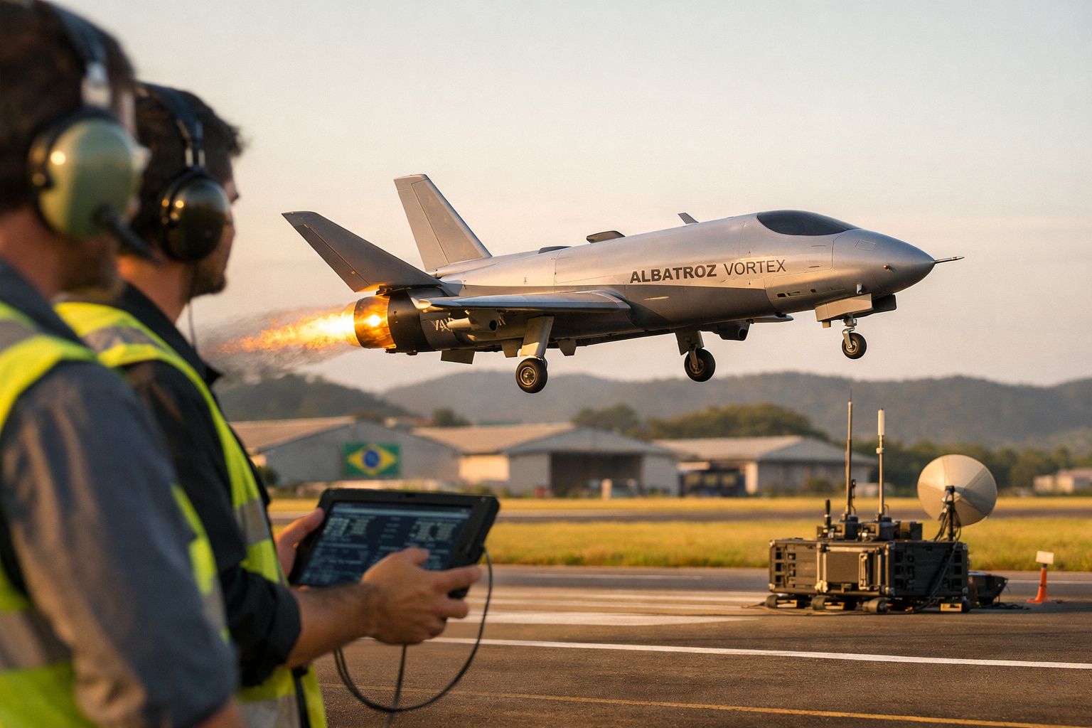 Avião não tripulado Albatroz Vortex em voo baixo, operado por técnico com tablet numa pista de aeroporto.