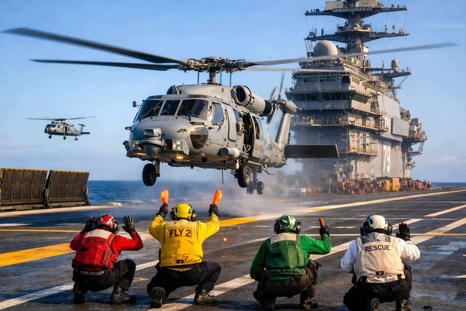Helicóptero militar a descolar de porta-aviões com quatro tripulantes a dar sinais na ponte do navio no mar.