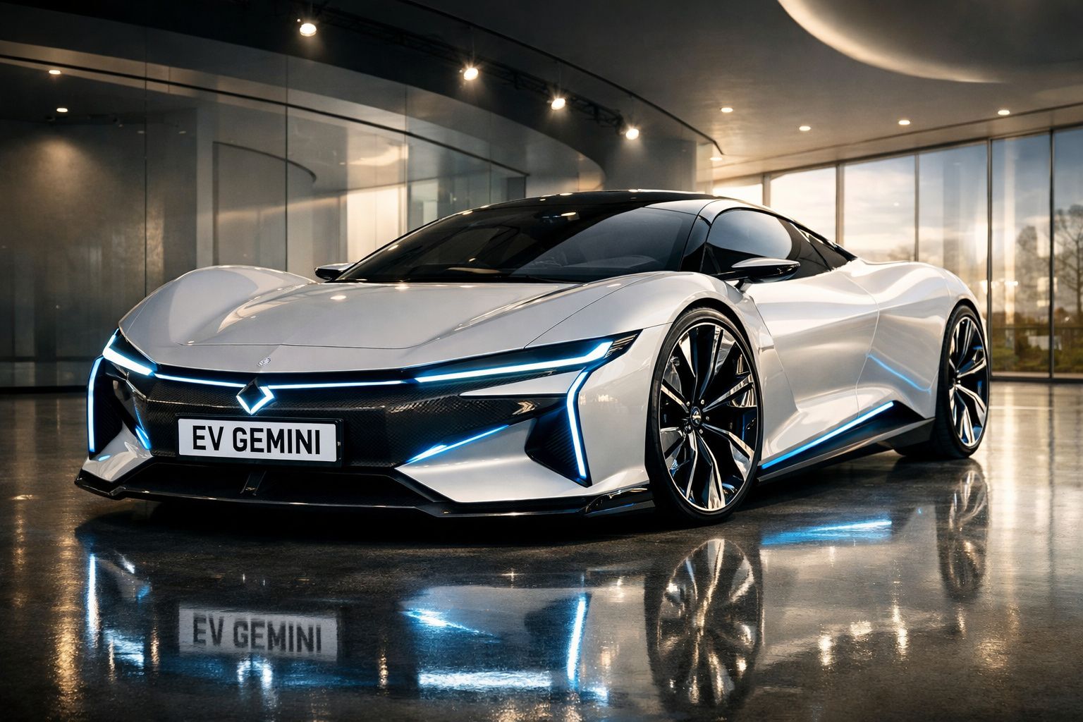 Carro desportivo elétrico branco EV Gemini com design futurista e luzes LED azuis em ambiente interior moderno.