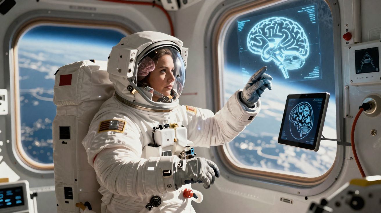 Astronauta feminina dentro de nave espacial a interagir com hologramas cerebrais flutuantes.