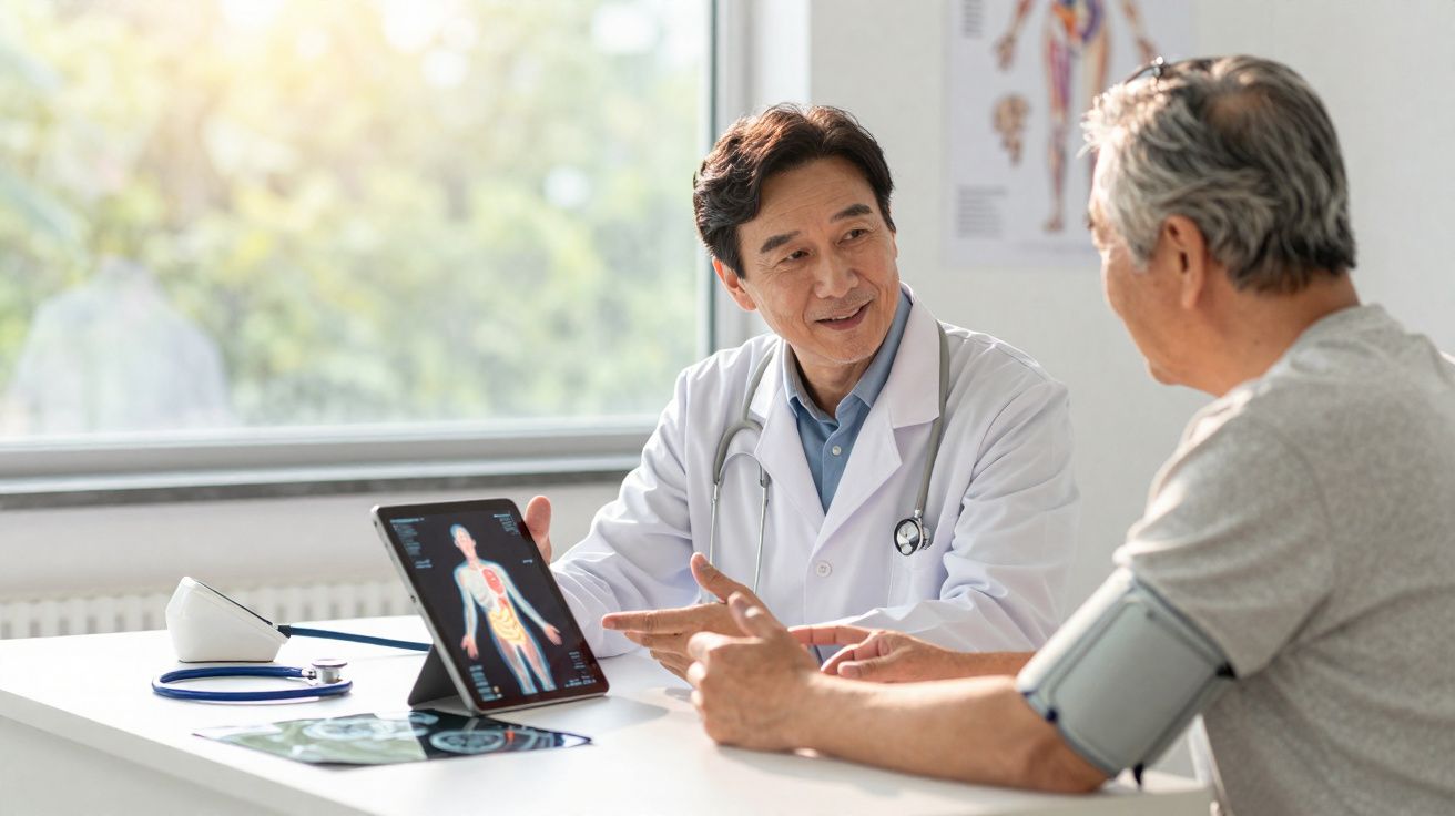 Médico consulta paciente idoso e explica exame com imagem digital do corpo humano no tablet.