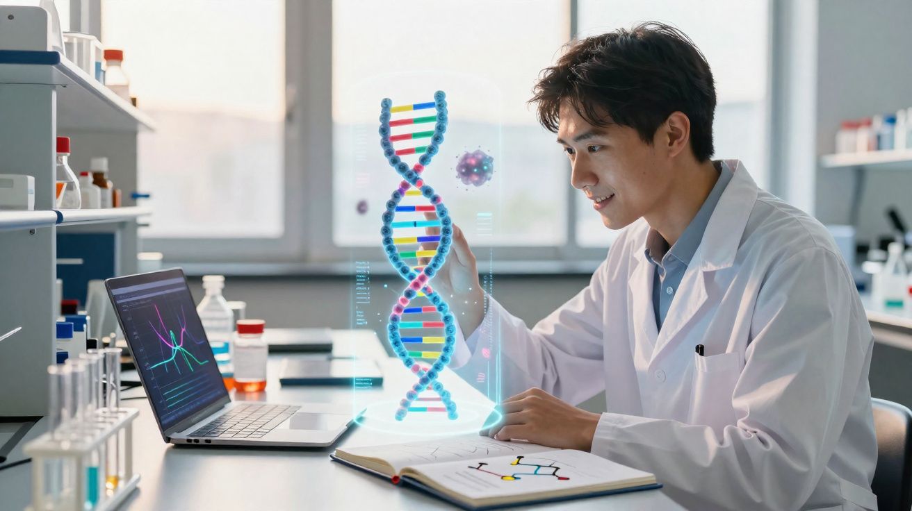 Cientista em laboratório examina modelo digital 3D de estrutura de DNA enquanto trabalha no computador.