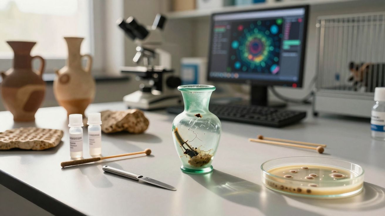 Mesa de laboratório com amostras arqueológicas, frascos, bisturi, placa de Petri e computador ao fundo.