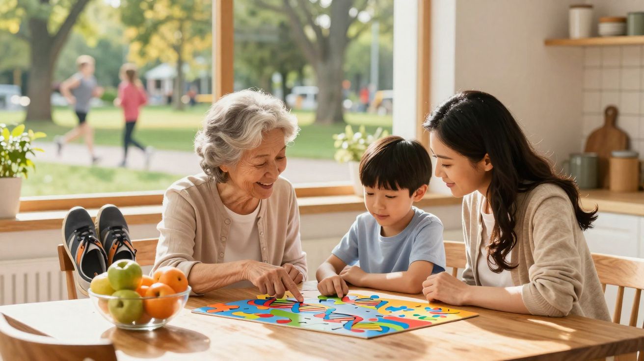 Três gerações jogam jogo de tabuleiro numa mesa de cozinha com frutas e sapatos ao lado.