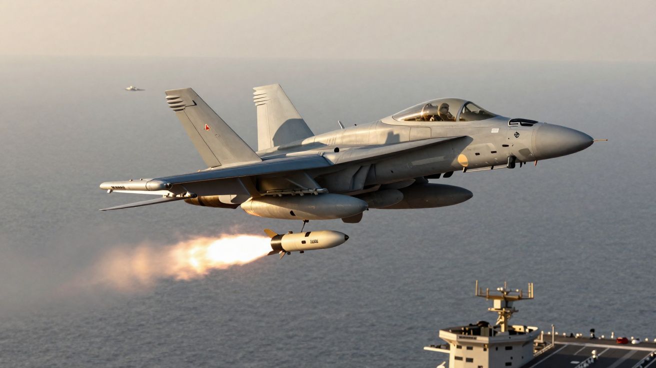 Caça F-18 em voo disparando míssil sobre porta-aviões no mar ao pôr do sol.