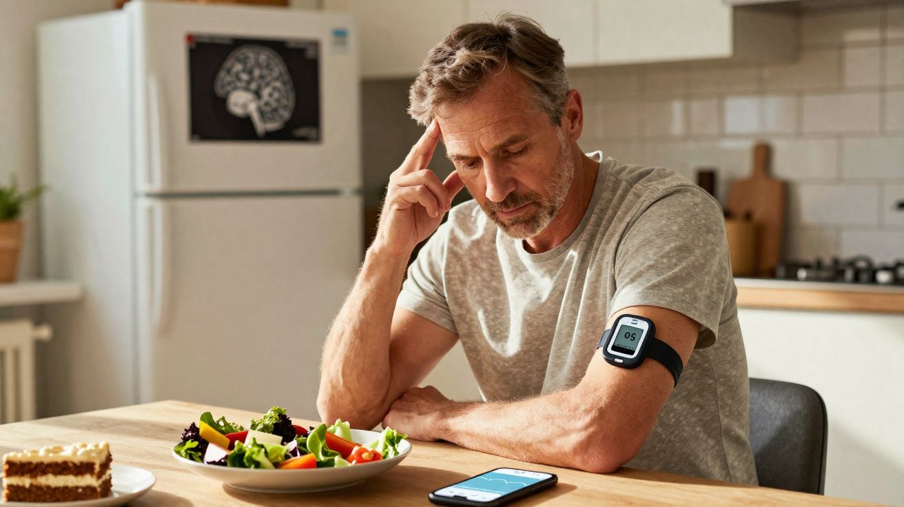 Homem com monitor cardíaco a olhar para smartphone sentado à mesa com prato de salada e fatia de bolo.