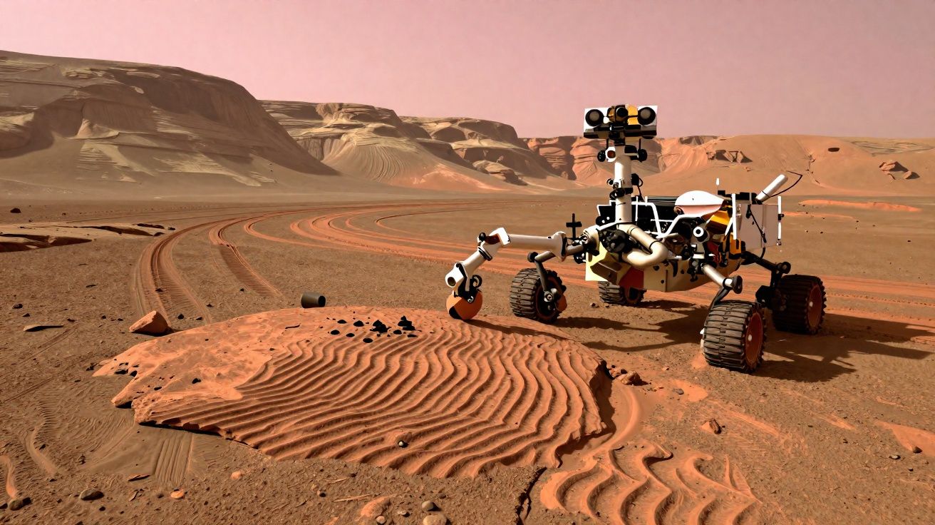 Rover explorador na superfície de Marte, investigando formação de areia ondulada com montanhas ao fundo.