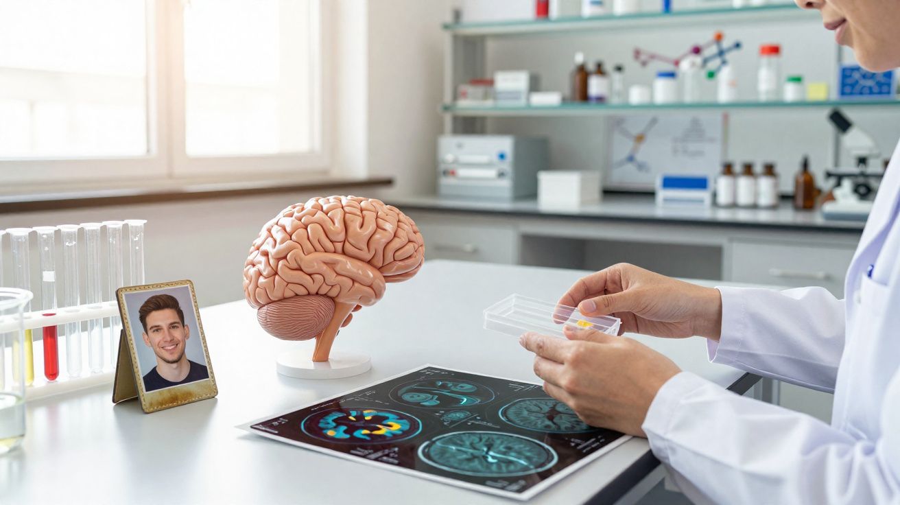 Investigadora na sala de laboratório com modelo de cérebro, exames de neuroimagem e fotografia numa moldura.