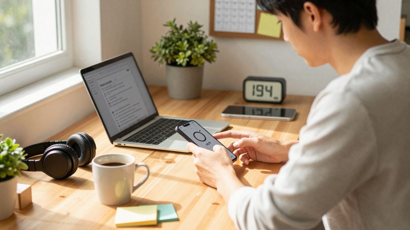 Pessoa a trabalhar num computador portátil e a usar um telemóvel numa secretária com plantas e café.