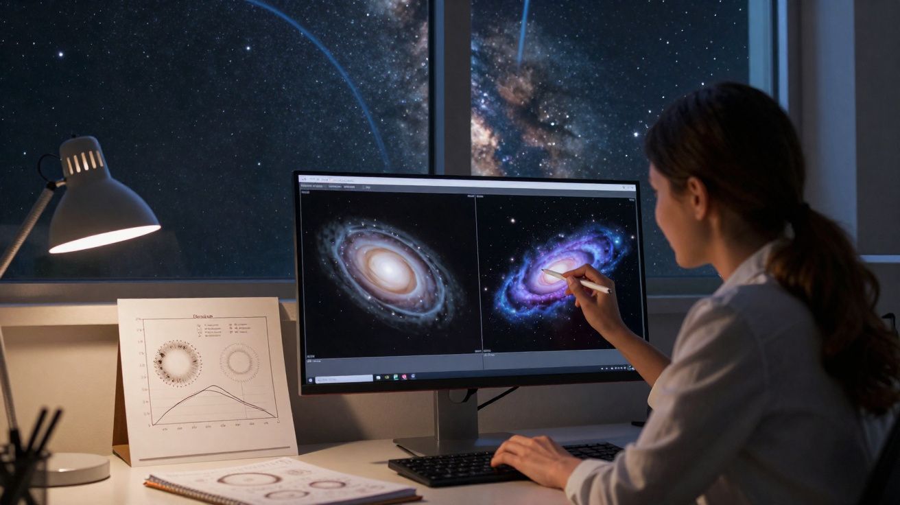 Mulher a estudar imagens de galáxias no computador numa sala com janela para o céu estrelado.