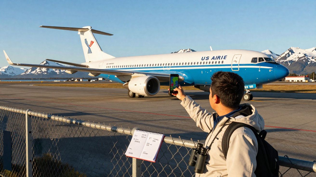 Homem com binóculos tira foto a avião da US Air em pista com montanhas ao fundo.