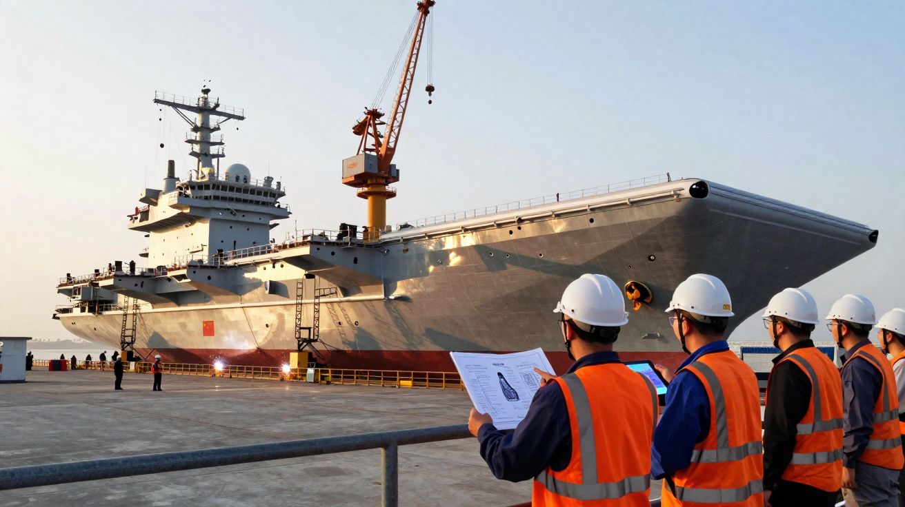 Pessoal de engenharia com coletes e capacetes observa porta-aviões em doca durante inspeção.