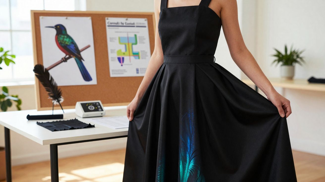 Mulher com vestido preto que exibe penas azuis e verdes, em sala com mesa e cartaz de pássaro e diagrama.