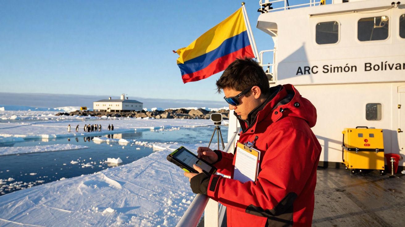 Homem com casaco vermelho e óculos escuros usa tablet no convés de navio em região gelada com icebergues e pinguins.