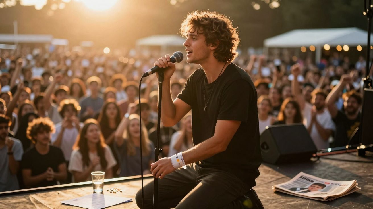 Jovem sentado no palco a cantar ao microfone com público atento e luz suave de pôr do sol ao fundo.