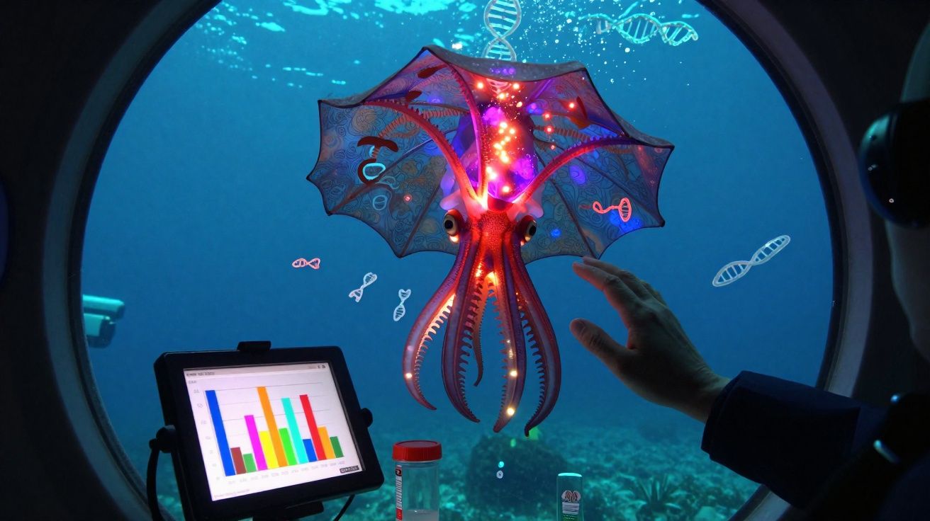 Polvo bioluminescente com padrões coloridos visto através de janela submarina com gráficos e DNA desenhados.
