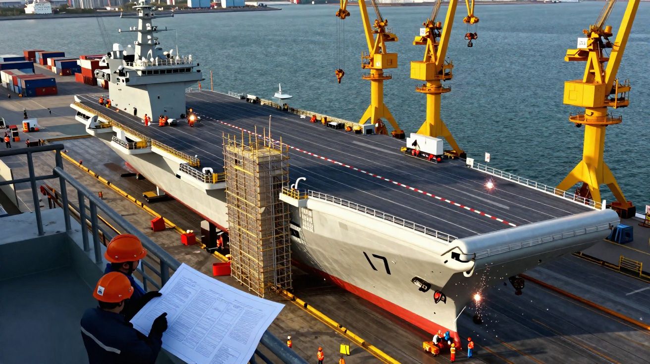 Porta-aviões atracado no estaleiro com trabalhadores e guindastes amarelos em operação junto ao cais.