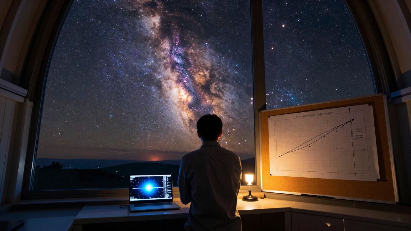 Pessoa sentada em frente a computador observa Via Láctea através de grande janela num observatório à noite.
