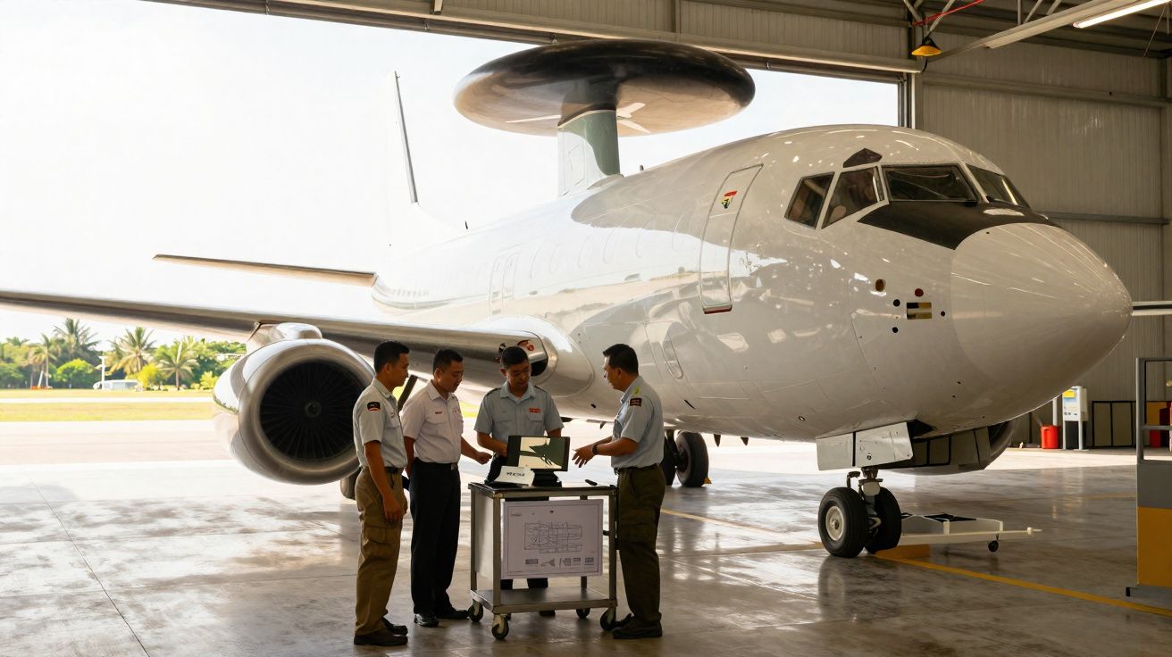 Quatro militares em uniforme a analisar dados junto a um avião militar estacionado numa plataforma coberta.