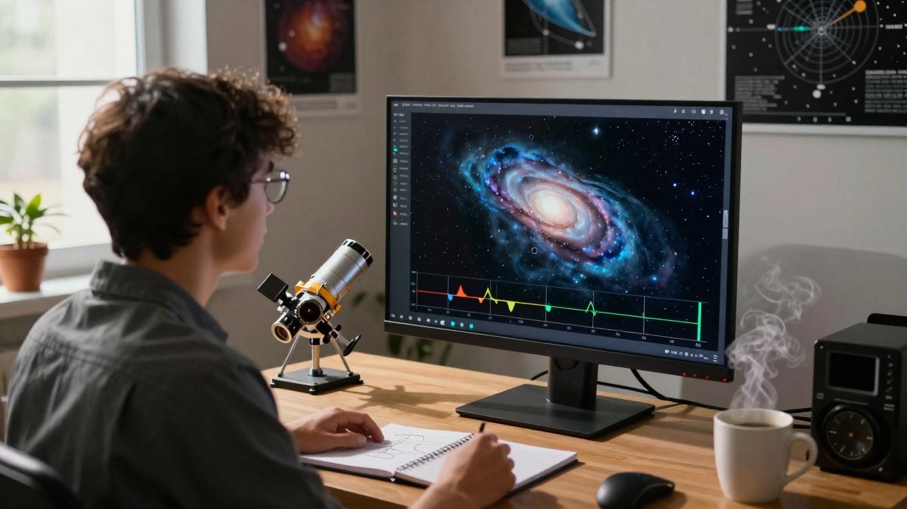 Pessoa a estudar astronomia com monitor a mostrar uma galáxia e gráfico colorido numa mesa com telescópio.
