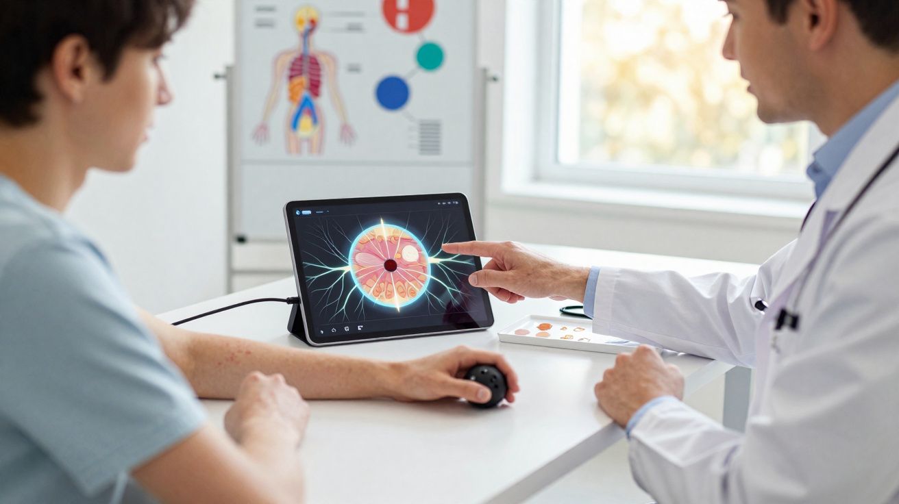 Médico explica a um paciente detalhes de um olho num tablet durante consulta numa clínica.