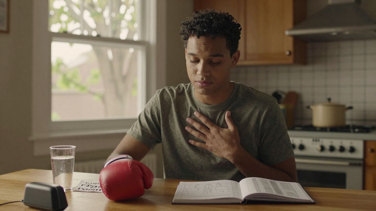 Jovem sentado a ler um livro, com uma luva de boxe vermelha à sua frente numa mesa de cozinha.