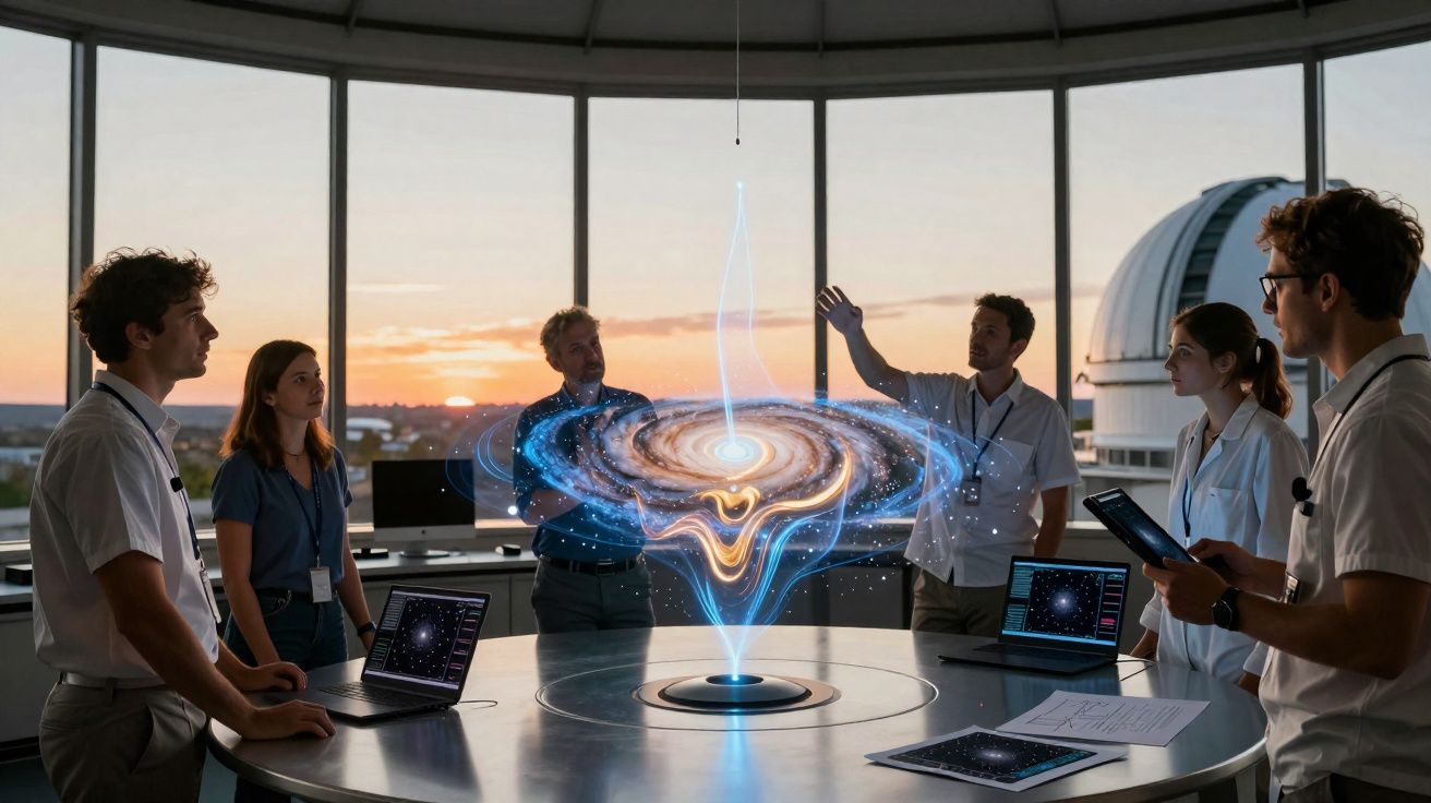 Grupo de cientistas em sala moderna a analisar uma projeção holográfica de uma galáxia na mesa.