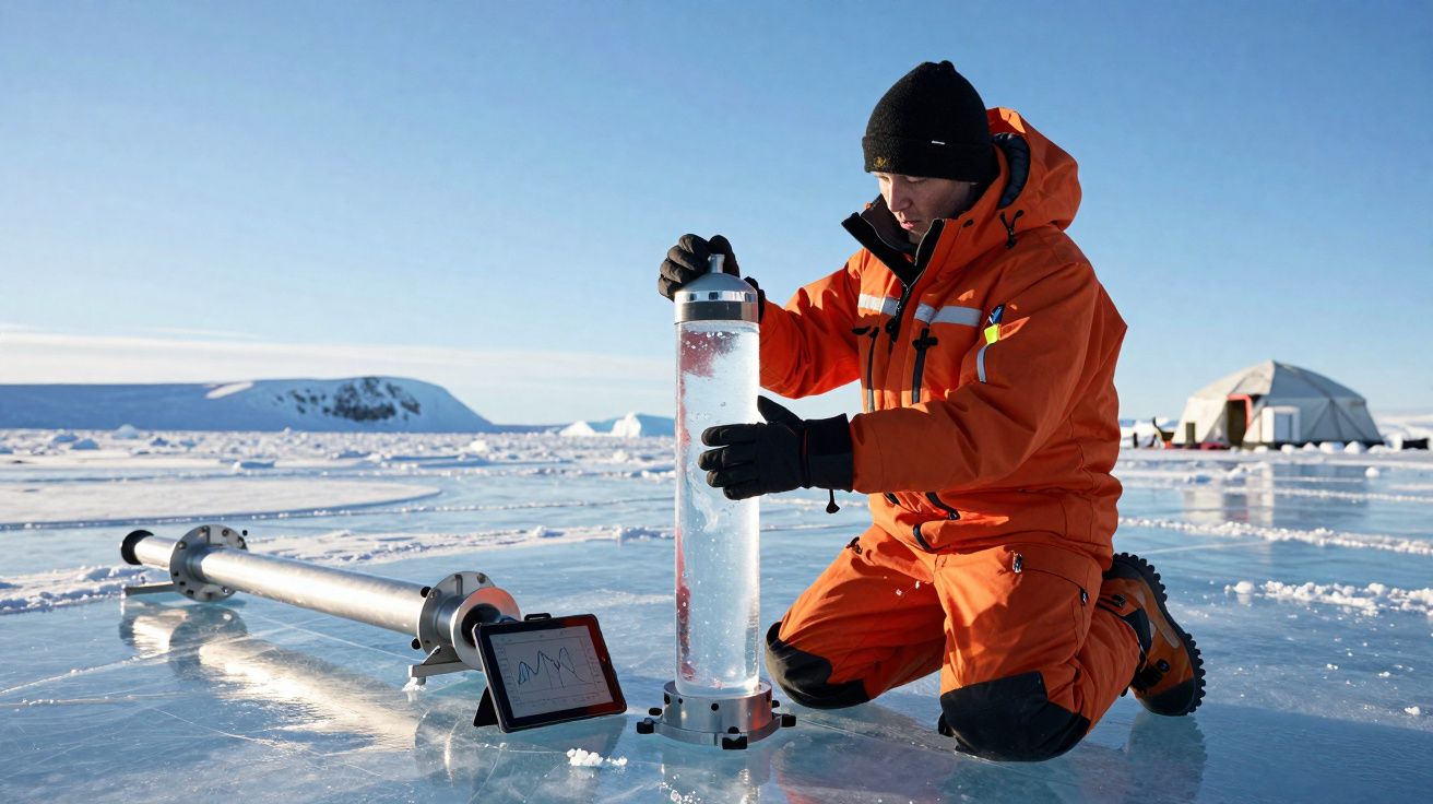 Cientista em roupa laranja recolhe amostra de gelo num ambiente polar com equipamento científico e tenda ao fundo.