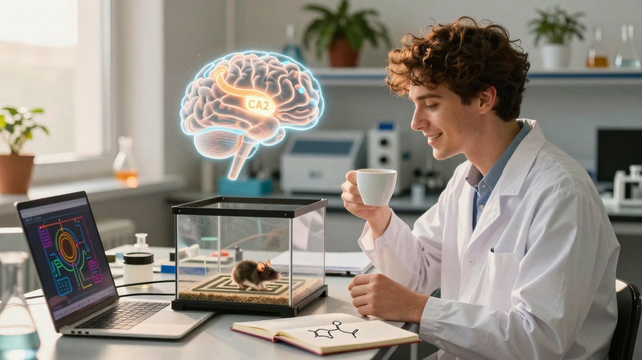 Cientista observa rato em caixa enquanto mantém chá, com cérebro holográfico e laptop no laboratório.