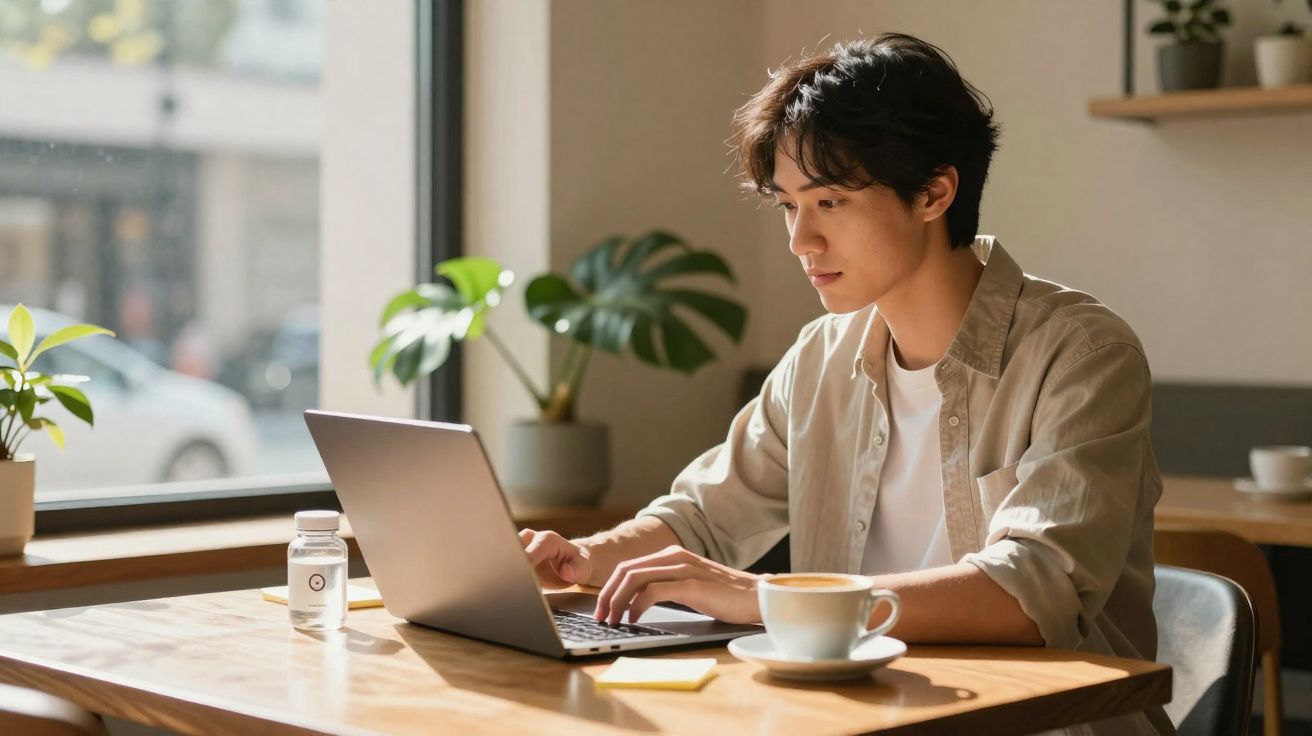 Jovem a trabalhar num portátil numa mesa com uma chávena de café e plantas perto da janela.