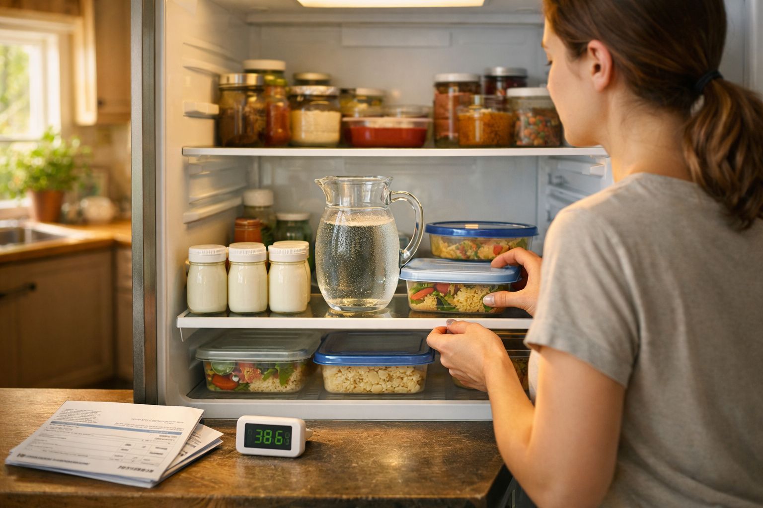 Pessoa a organizar tupperwares com alimentos e jarra de água no frigorífico de cozinha doméstica.