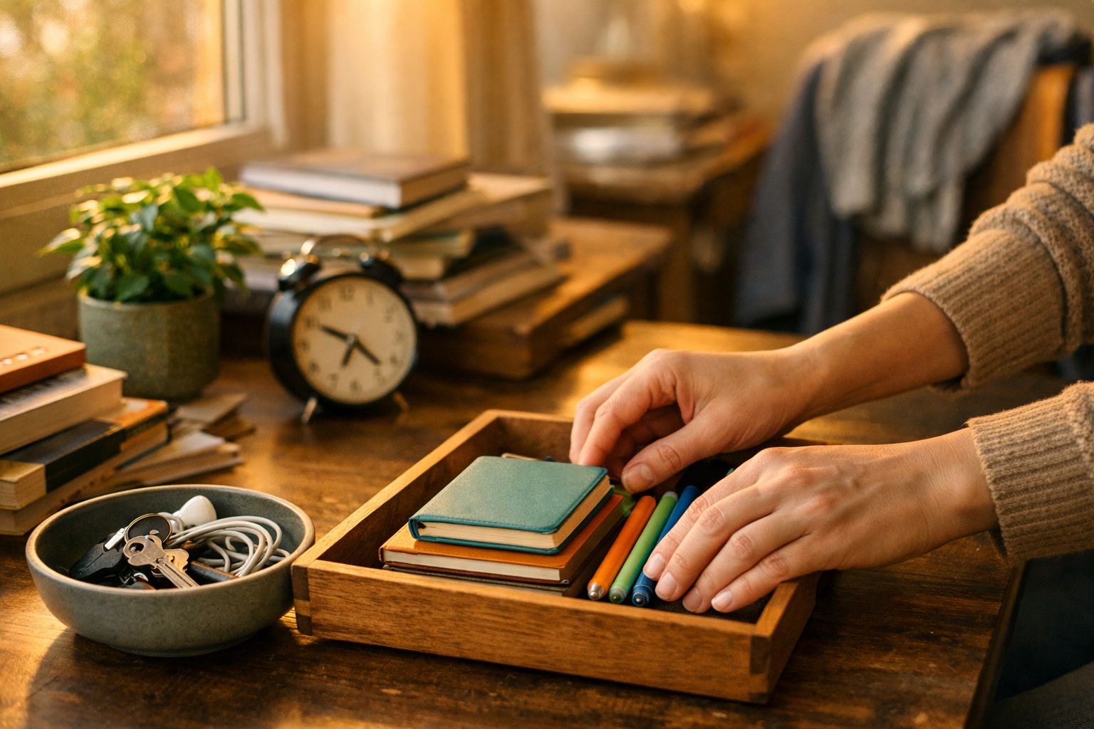 Mãos organizam lápis, cadernos e um relógio num escritório com mesa de madeira e detalhes acolhedores.
