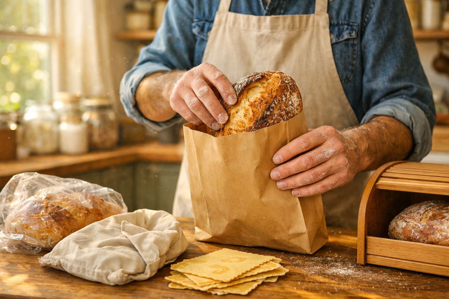 Pessoa a colocar pão fresco numa embalagem de papel numa cozinha caseira.