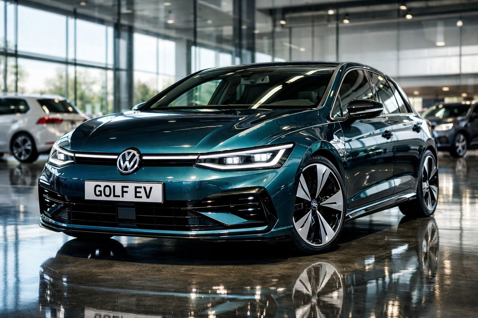 Volkswagen Golf EV verde metálico estacionado em salão moderno com chão refletor e outras viaturas ao fundo.