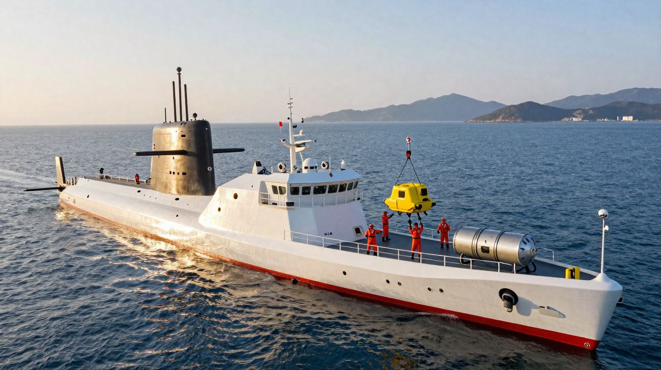 Submarino branco com tripulação a trabalhar na instalação de equipamento amarelo sobre o convés, com mar e montanhas ao fundo