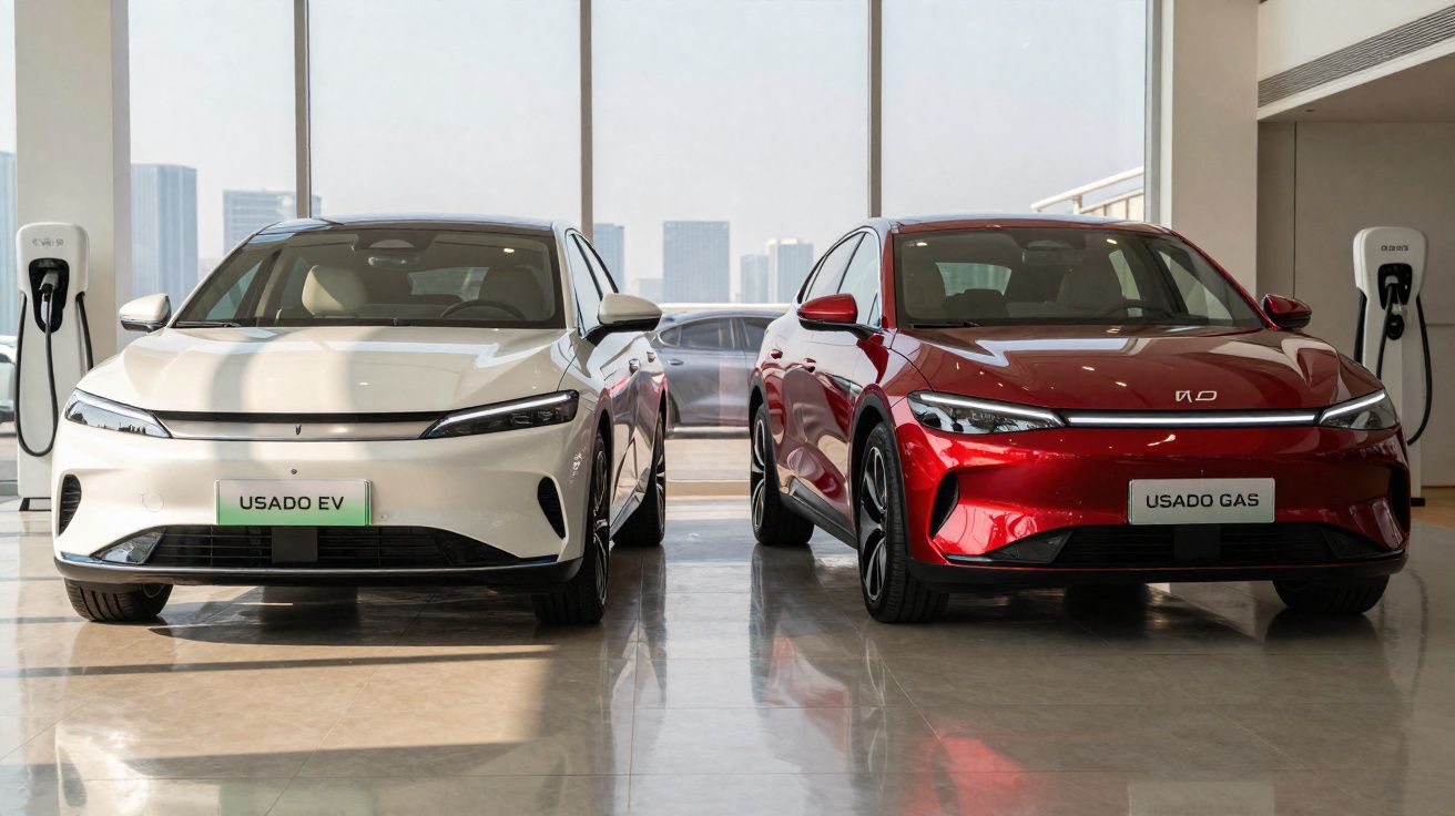 Dois carros usados, um elétrico branco e outro a gás vermelho, lado a lado numa exposição com estações de carregamento.