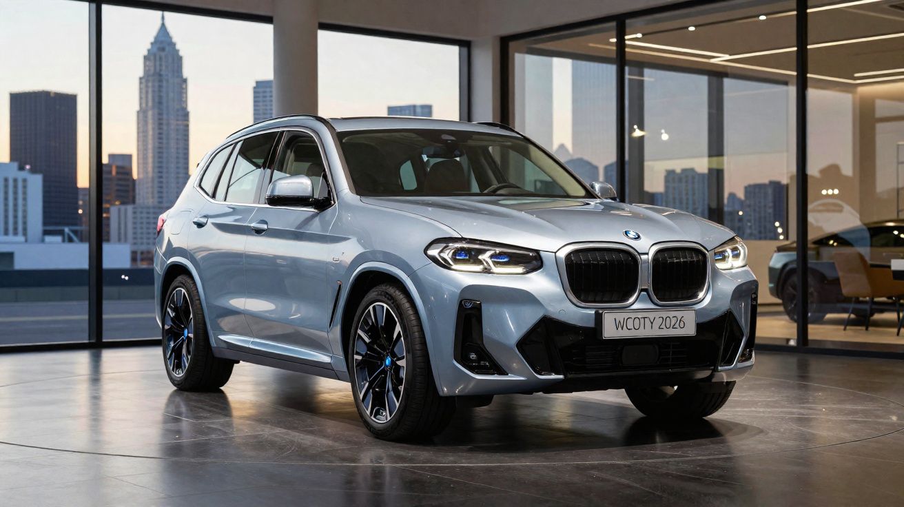 SUV BMW prata estacionado em showroom moderno com prédios ao fundo ao pôr do sol.