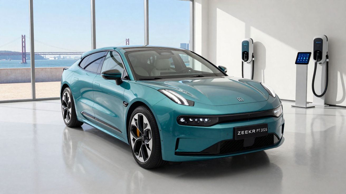 Carro elétrico cinza-azulado estacionado em interior moderno com postos de carregamento e vista de ponte ao fundo.