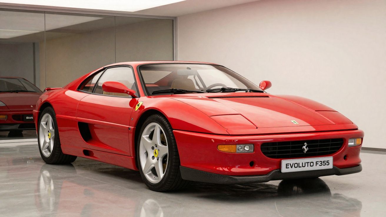 Carro desportivo vermelho Ferrari Evoluto F355 estacionado em piso polido dentro de garagem branca.