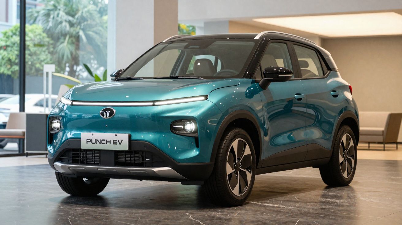 Veículo elétrico azul metálico Tao Punch EV estacionado em interior moderno com janelas amplas.