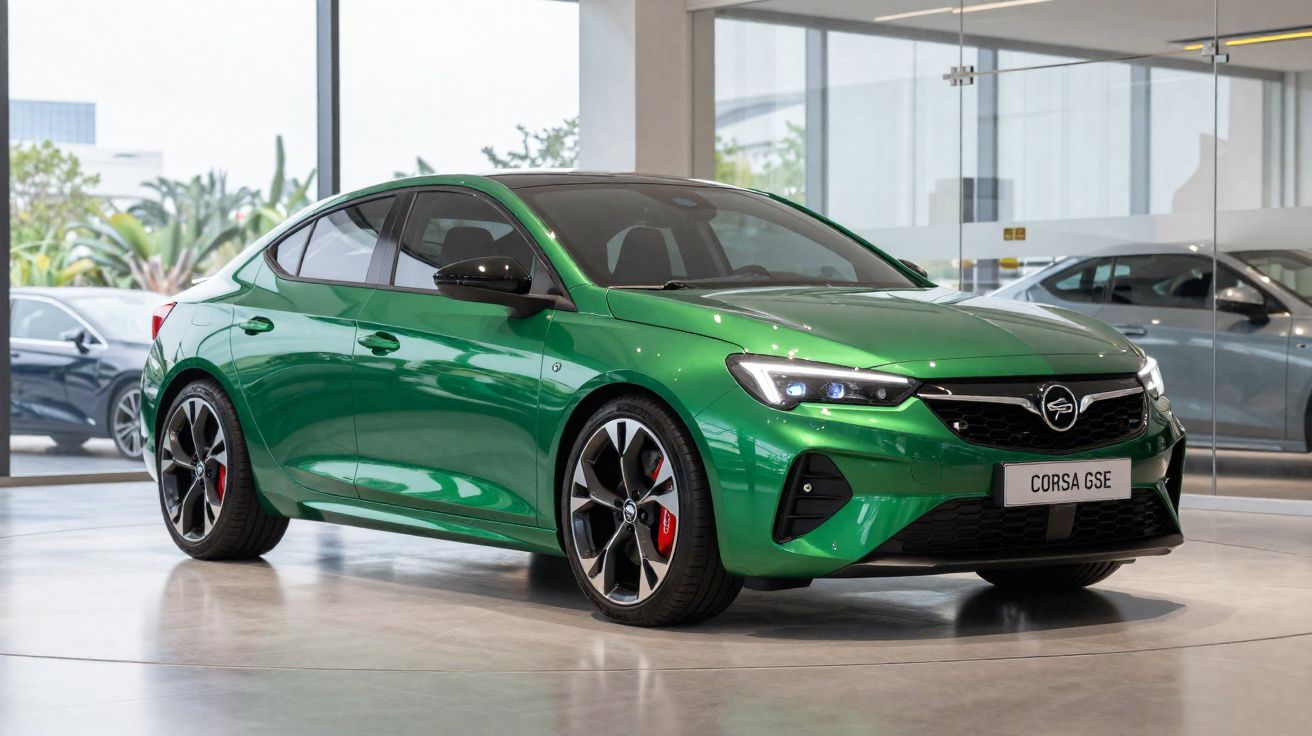 Carro desportivo verde Opel Corsa GSE em exposição numa sala de showroom moderna.