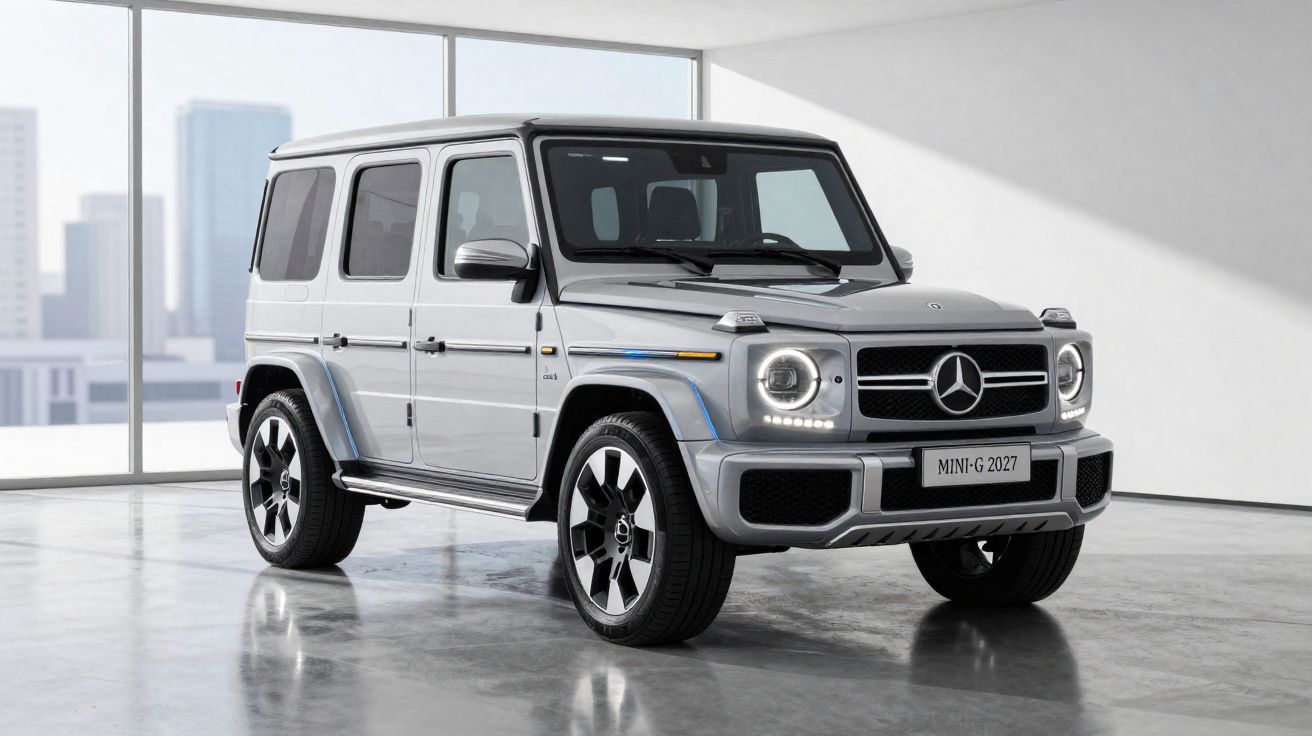 SUV Mercedes-Benz G-Class prata estacionado em sala moderna com grandes janelas e piso refletor.