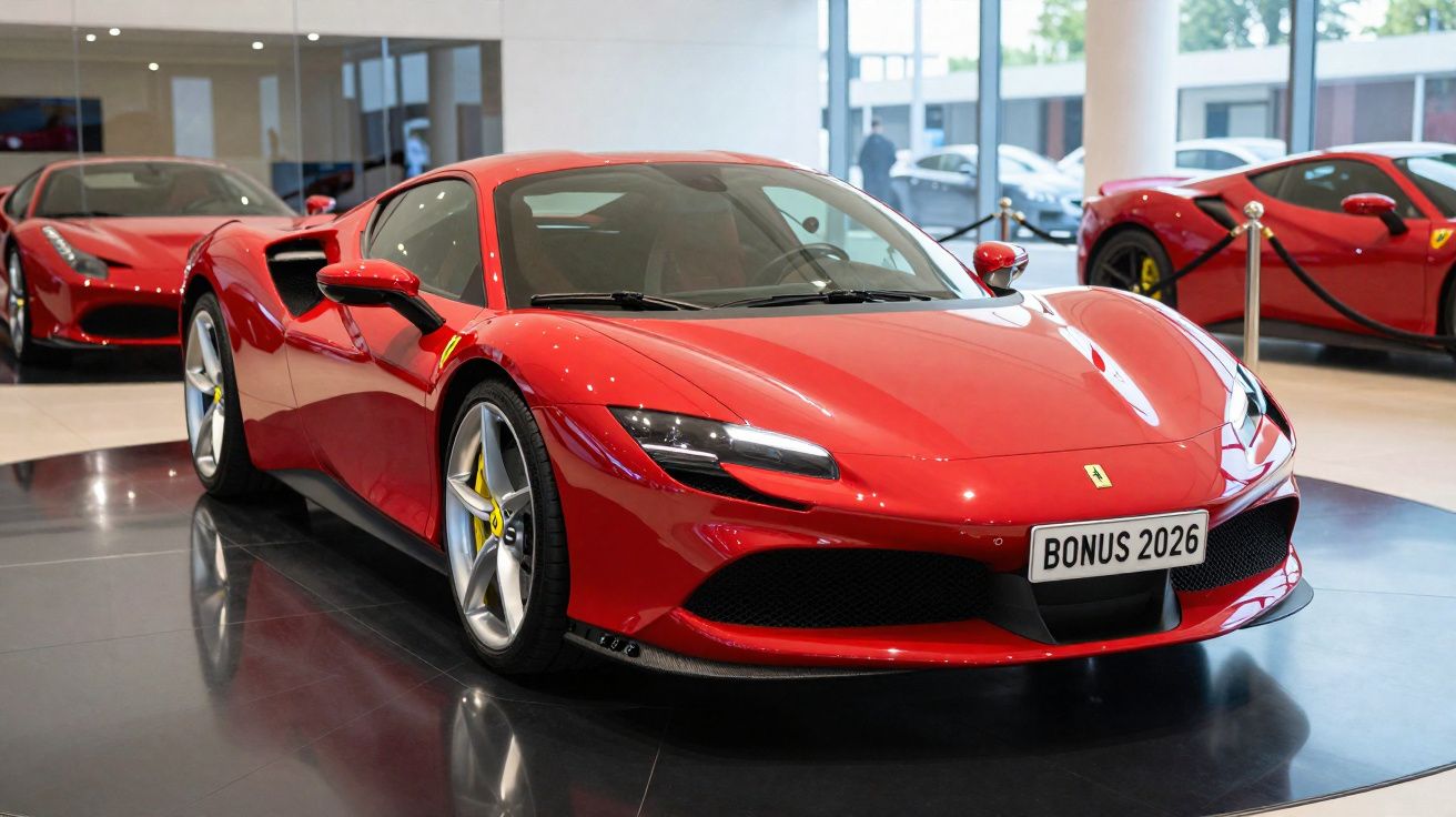Carro desportivo vermelho Ferrari exposto em salão de automóveis com outras viaturas ao fundo.
