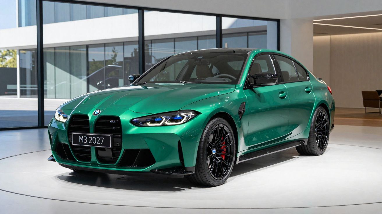 Carro BMW M3 2027 verde metálico com detalhes em preto exposto em espaço interior moderno.