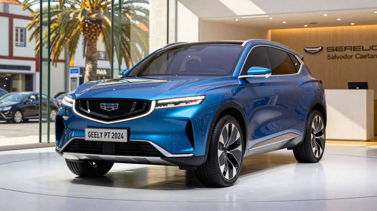 Automóvel SUV GEELY PT 2024 azul exposto em espaço de showroom moderno e luminoso.