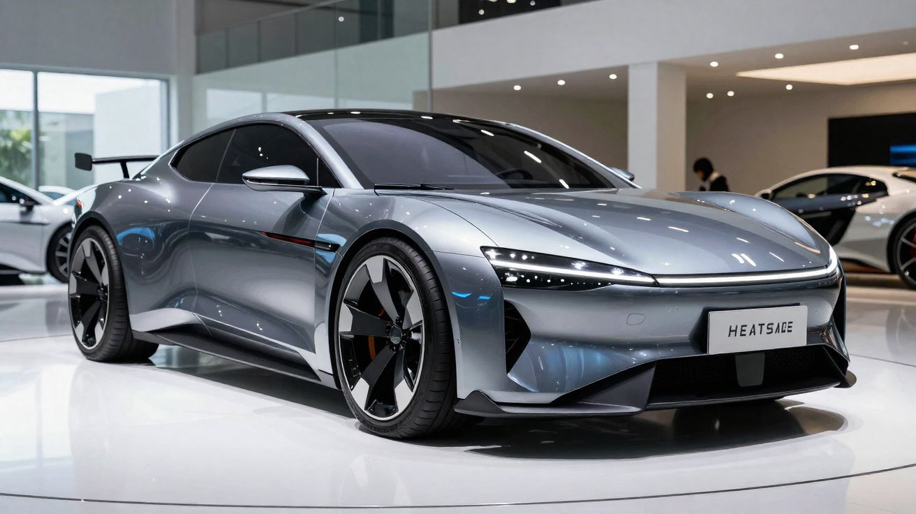 Carro desportivo elétrico cinzento metálico com design aerodinâmico exposto em salão moderno.