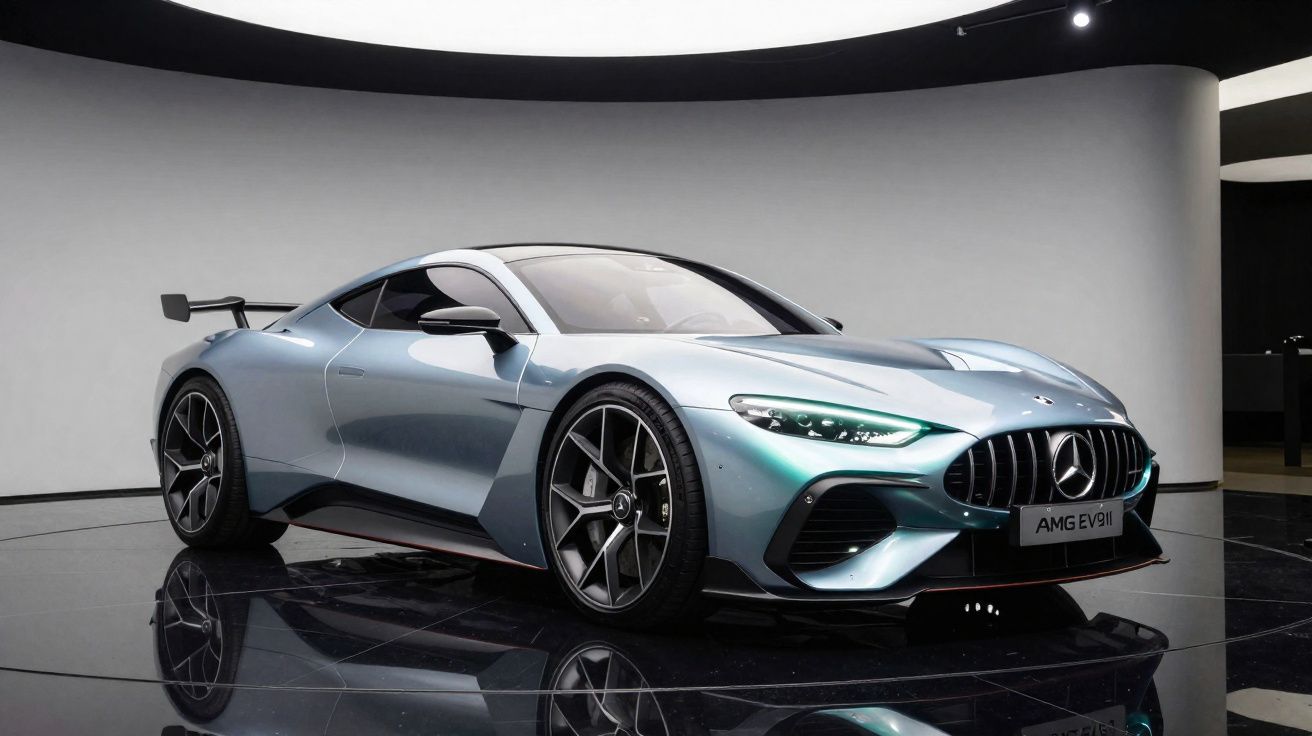 Carro desportivo Mercedes-Benz AMG EV elétrico prateado exibido numa sala moderna com iluminação suave.